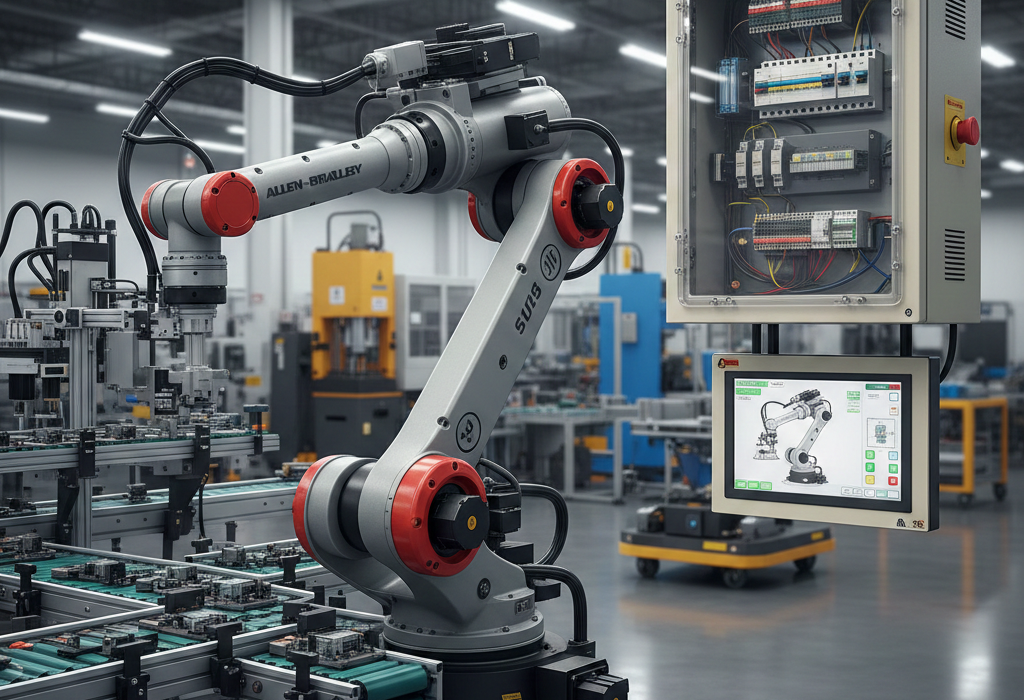 industrial robotics automation factory robotic arm PLC HMI control panel